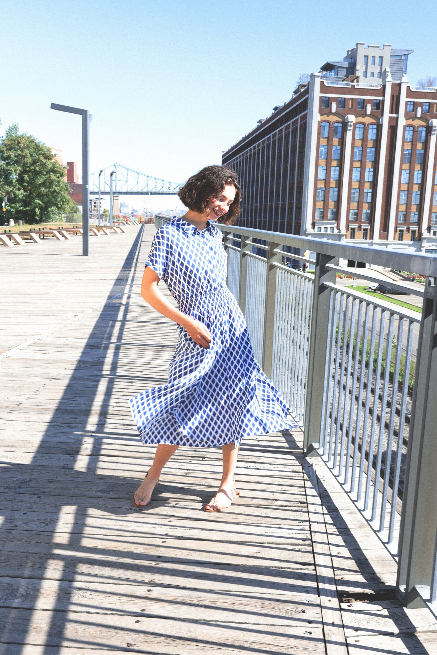 Florence Geometric Print Button Front Shirt Dress Smocked Waist Short Sleeve