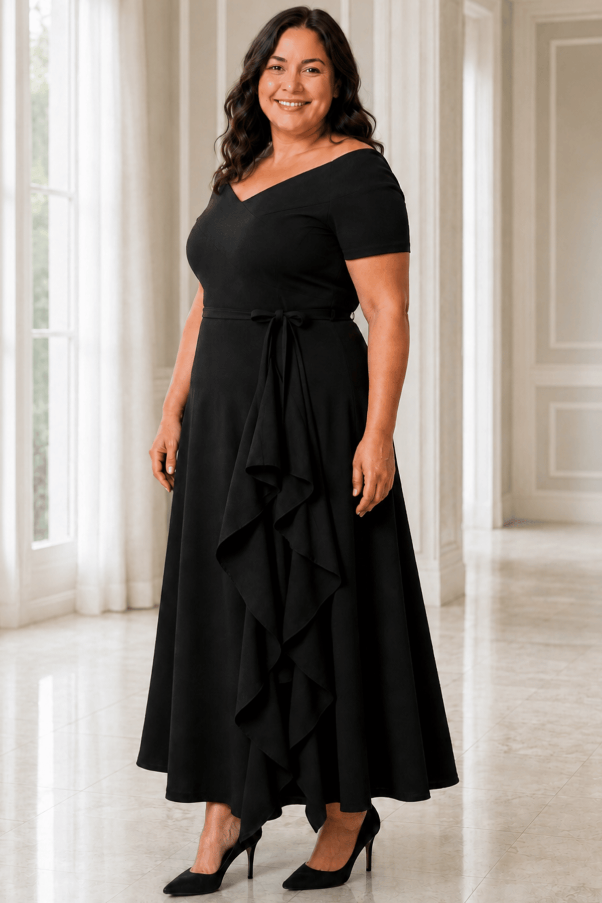 Robe longue noire extensible à volant Malia