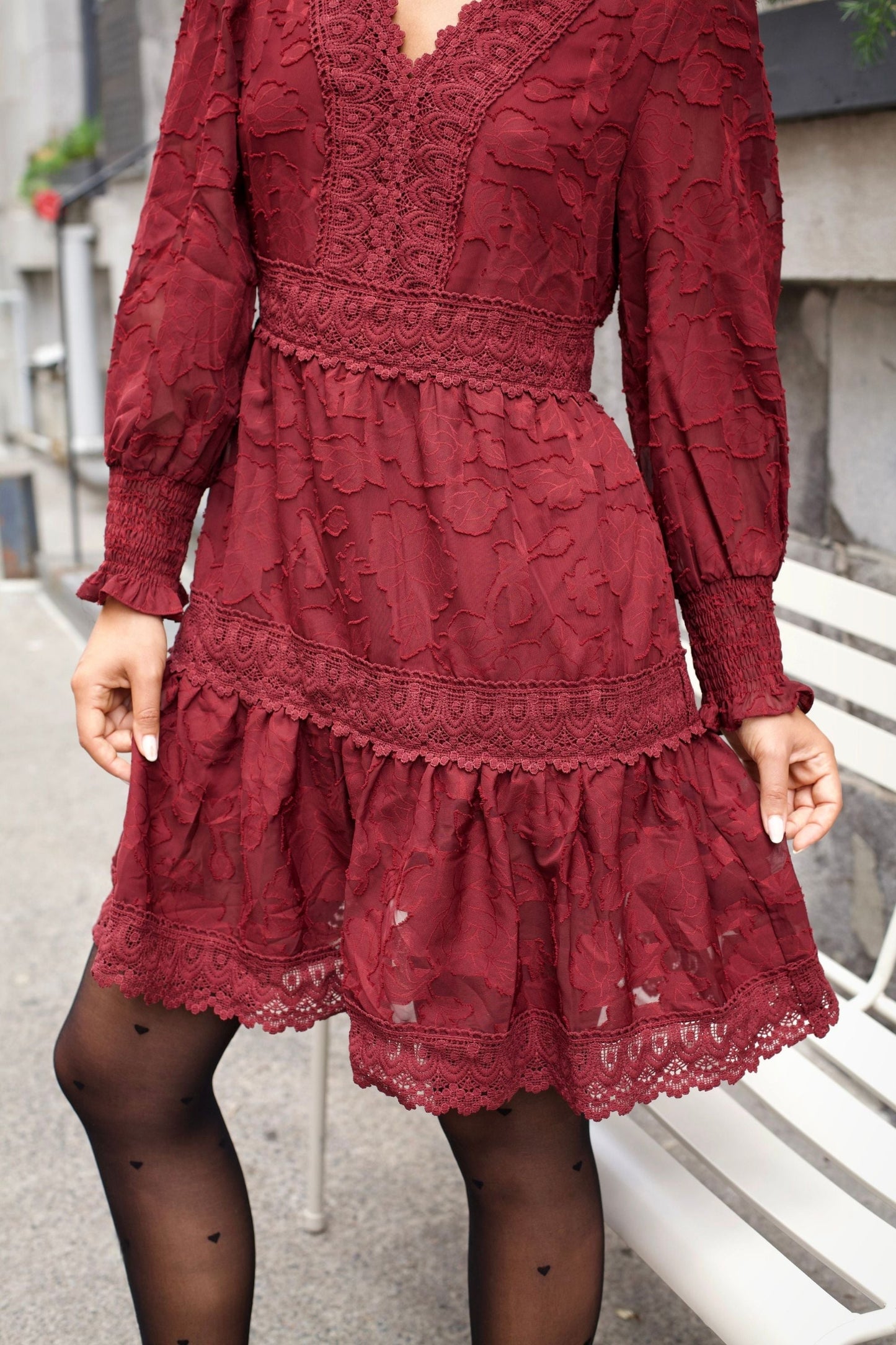 Edith Floral Lace Boho Mini Dress Long Sleeves V-Neck Detailing