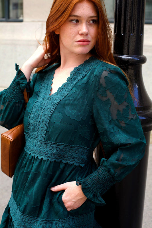 Edith Floral Lace Boho Mini Dress Long Sleeves V-Neck Detailing