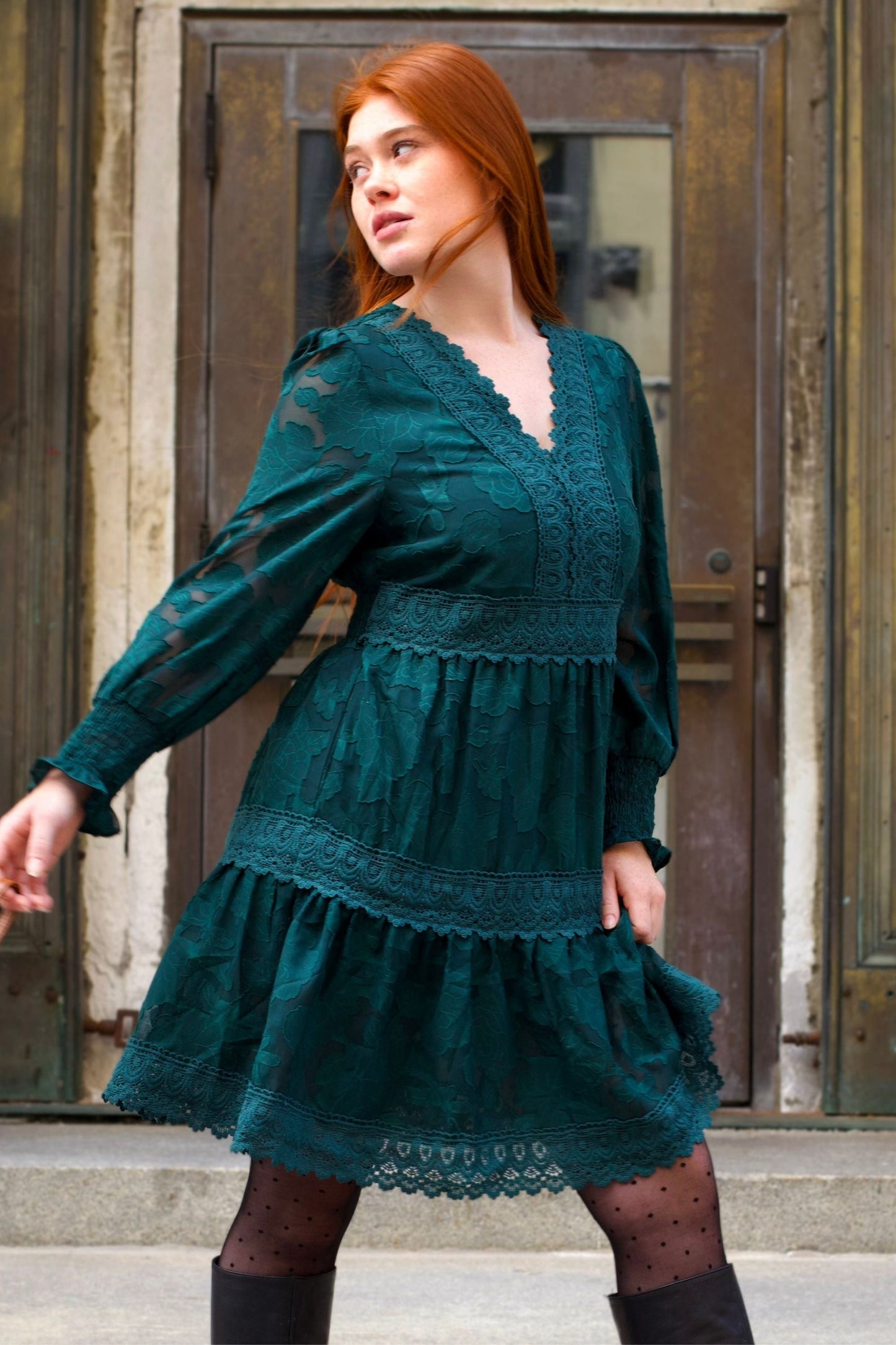 Edith Floral Lace Boho Mini Dress Long Sleeves V-Neck Detailing