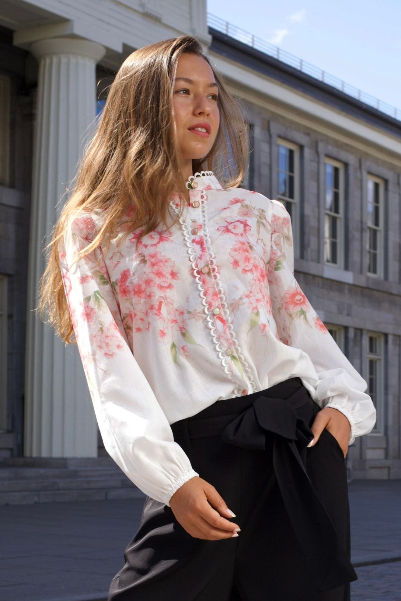 Celeste Women's Floral White Blouse Decorative Front Trim