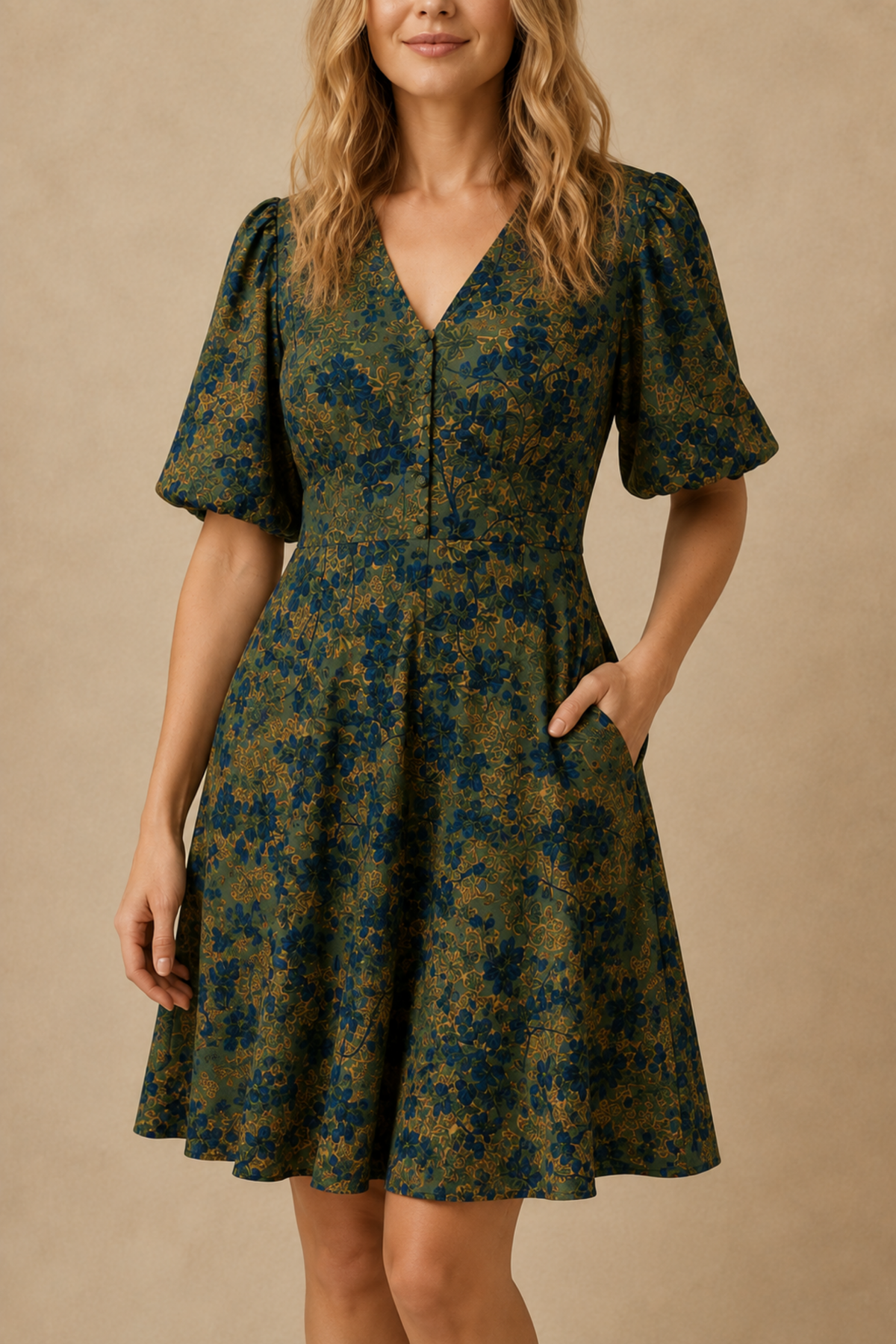Robe verte fleurie Fleur coupe évasée