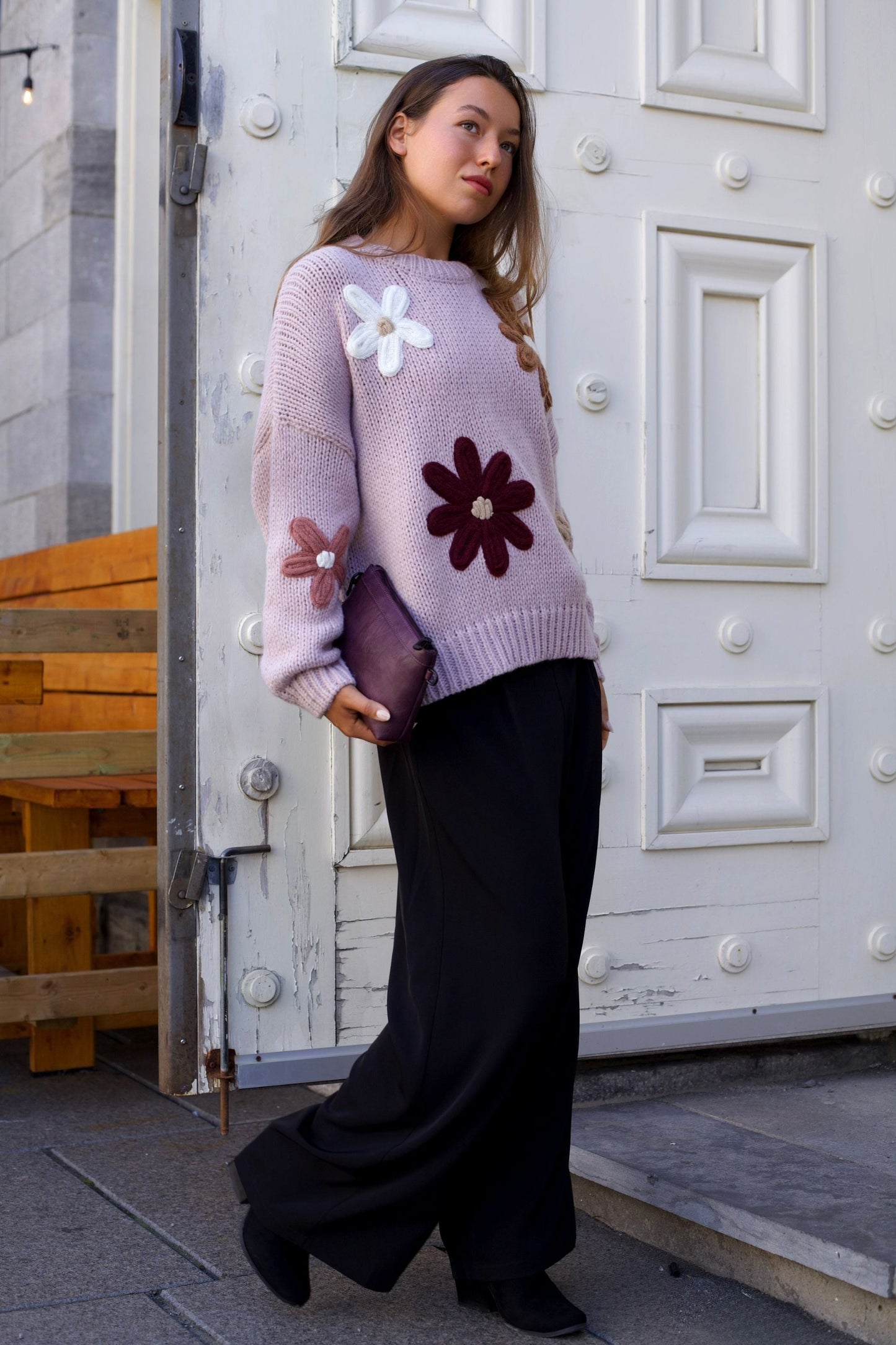 Tamara Women's Chunky Knit Sweater Embroidered Floral Appliqué