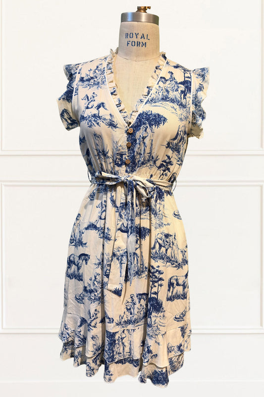 Natasha Toile De Jouy Print Short Dress Self Belt Pockets Ruffle Trim