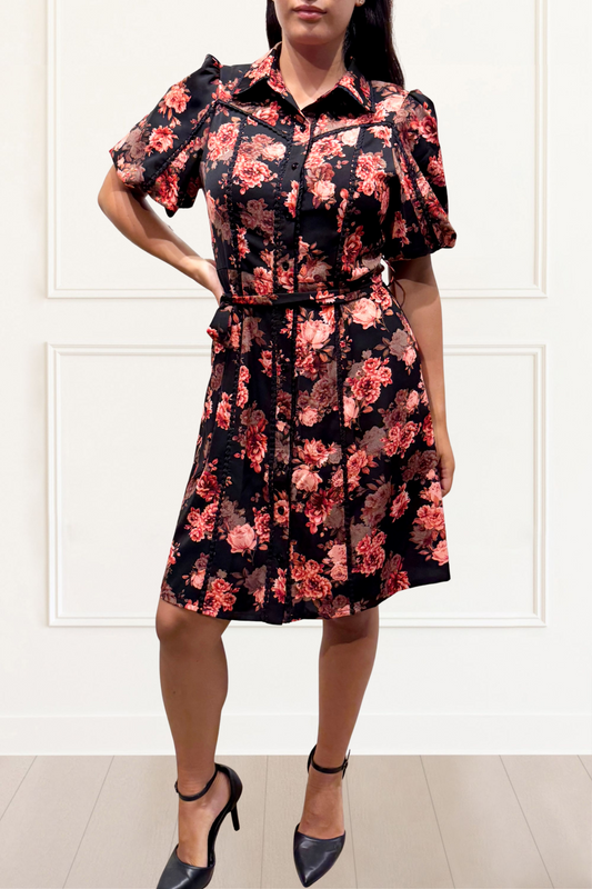Ruby Black Floral Print Shirt Dress Belted Short Sleeves Button Front