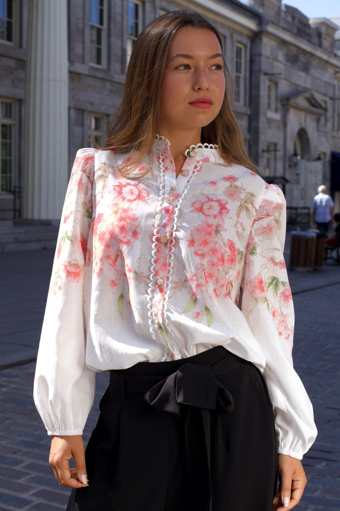 Celeste Women's Floral White Blouse Decorative Front Trim