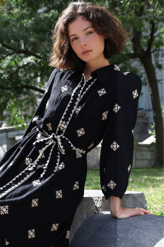 Yasmine Black Shirt Dress Midi
