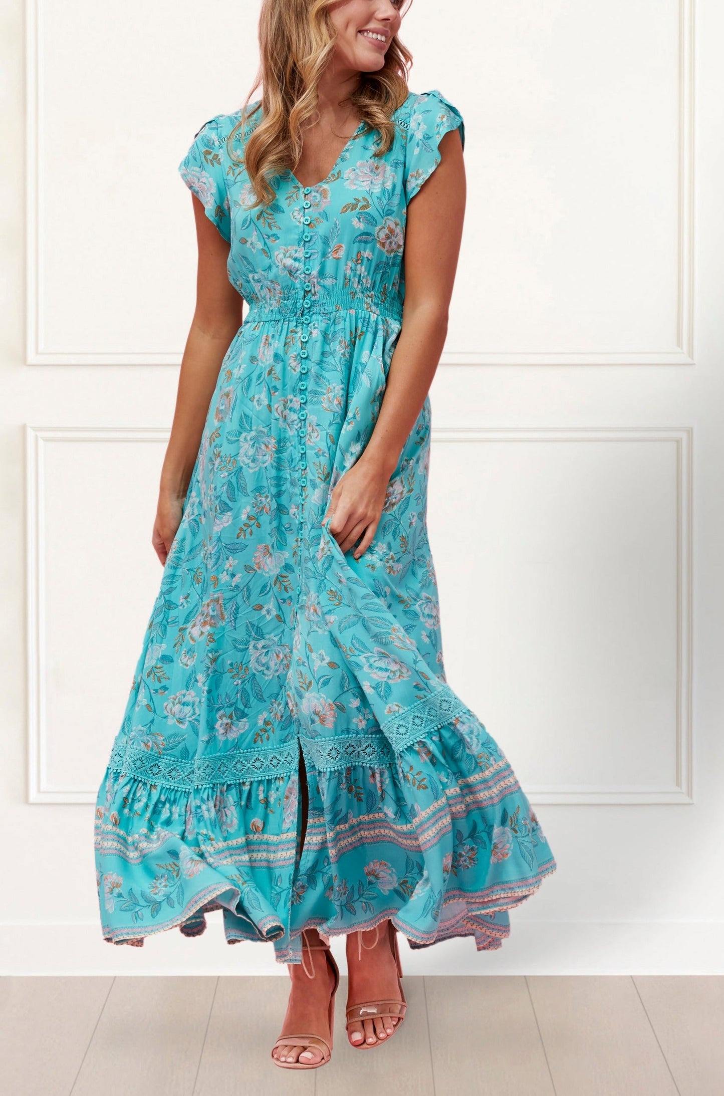 Larissa Maxi Dress Floral Print Front Slit Blue