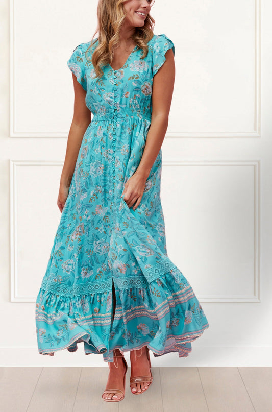 Larissa Maxi Dress Floral Print Front Slit Blue