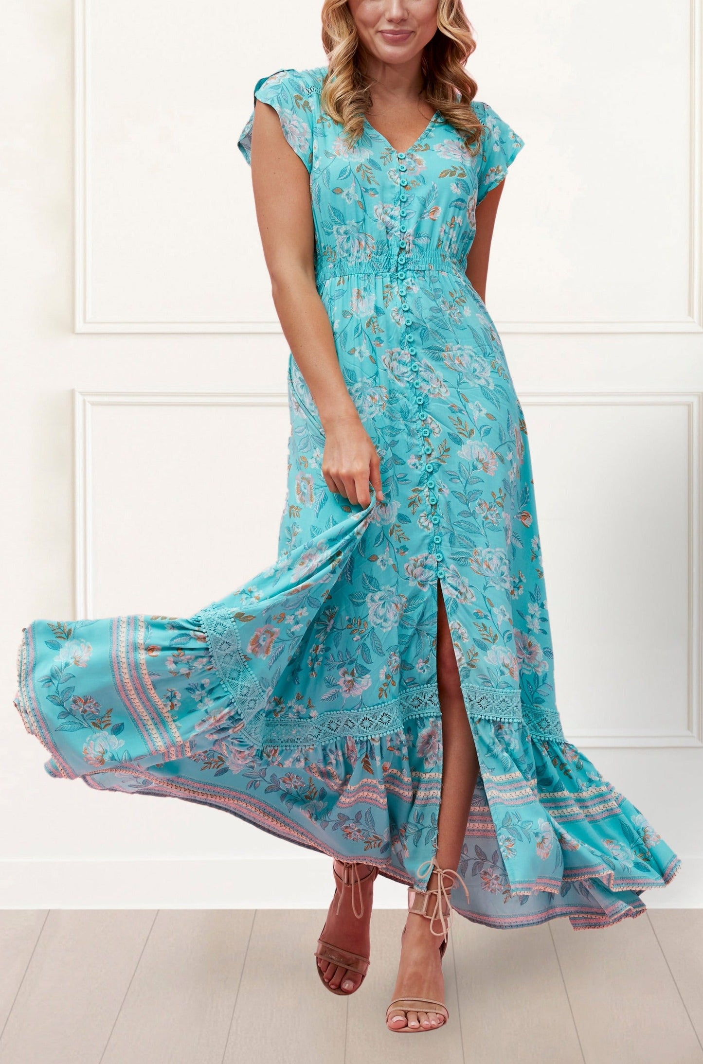 Larissa Maxi Dress Floral Print Front Slit Blue