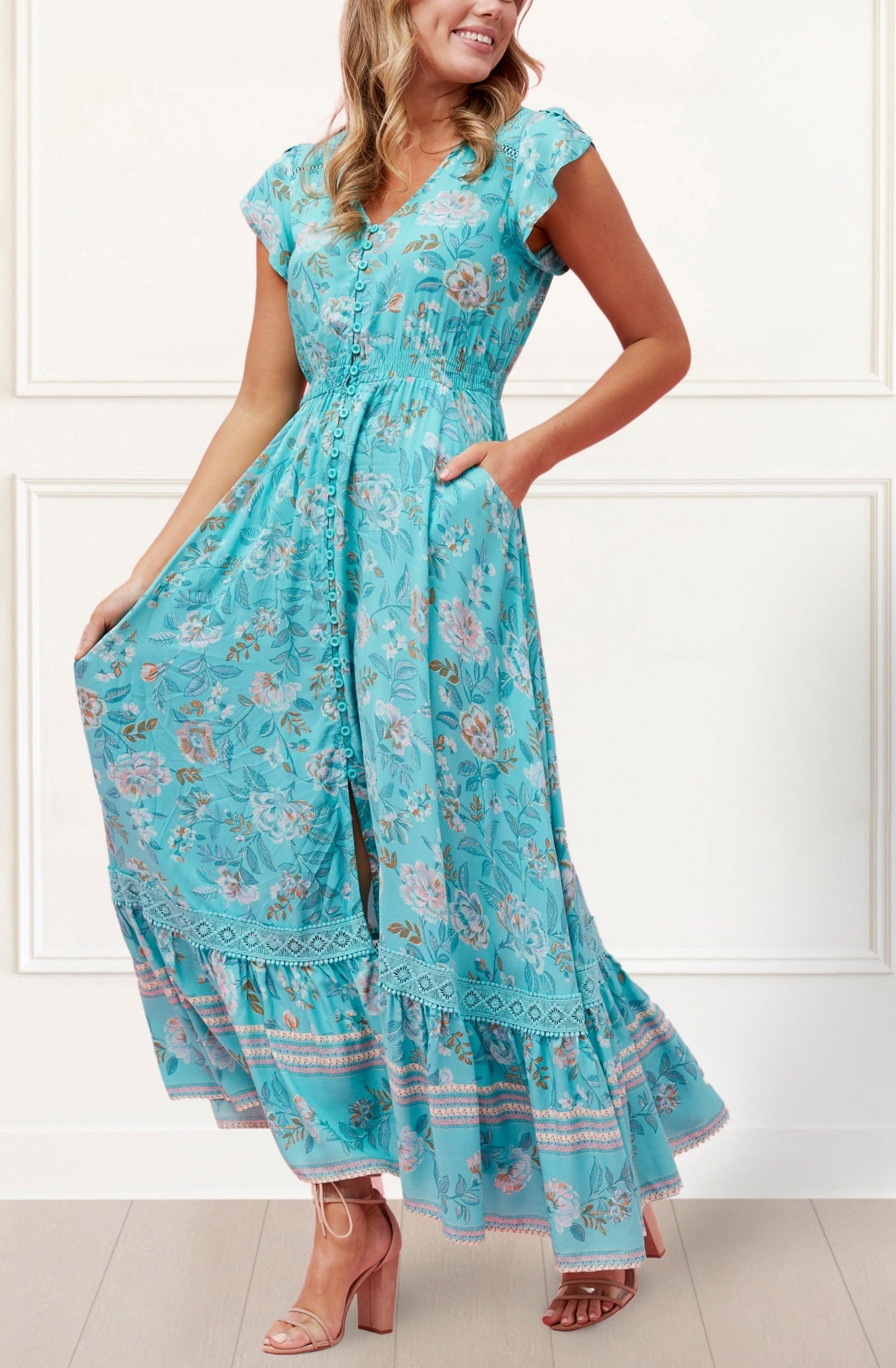 Larissa Maxi Dress Floral Print Front Slit Blue