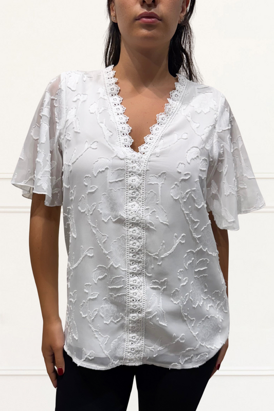 Lucie Embroidered V-Neck Blouse Lace Trim Flutter Sleeves Women