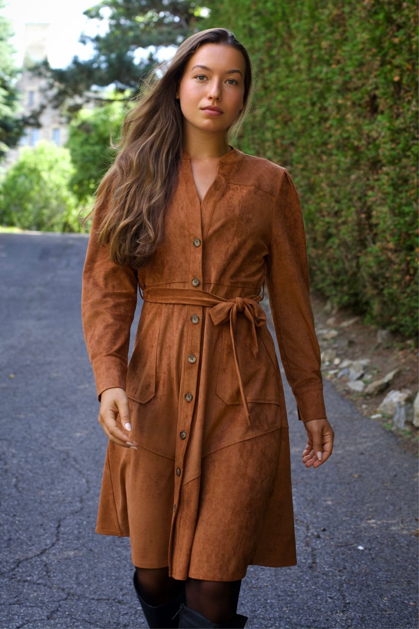Anastasia Faux Suede Women's Dress Button-Up Front Belted Waist