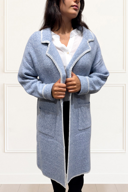 Solana Knit Jacket Collar Long Open-Front Contrast Stitching Pockets