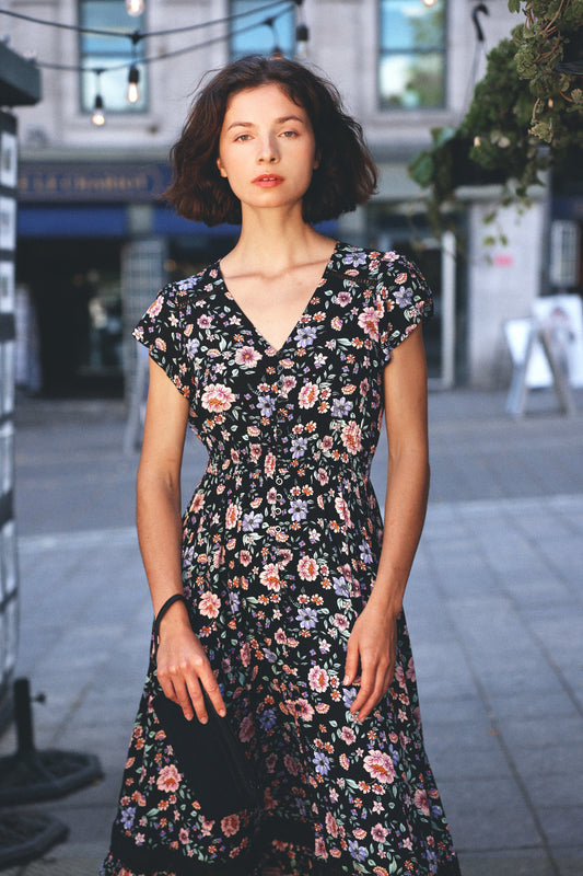 Michelle Black Floral Maxi Dress Smocked Waist Boho Border Print