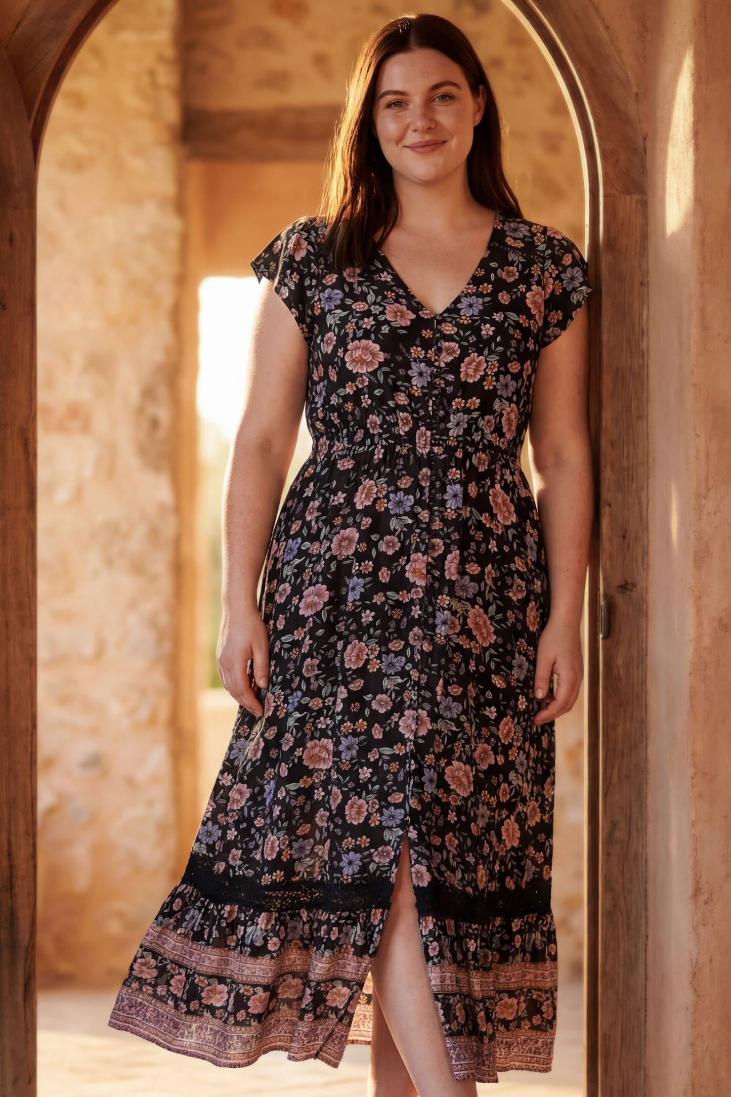 Michelle Floral Maxi Dess V-Neck Cap Sleeves