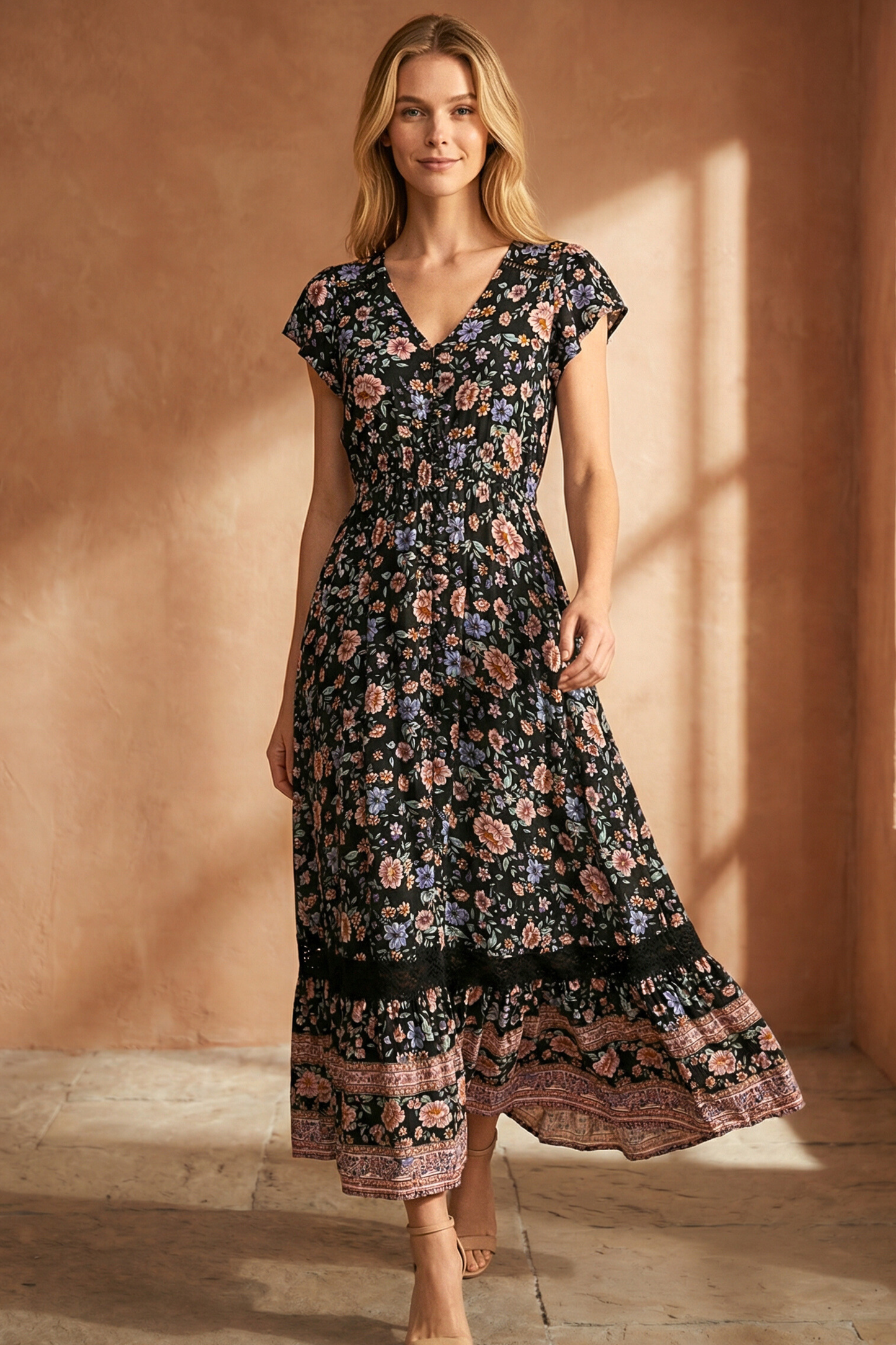 Michelle Floral Maxi Dess V-Neck Cap Sleeves