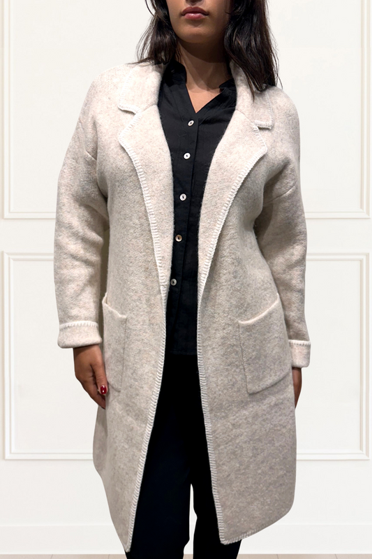 Solana Knit Jacket Collar Long Open-Front Contrast Stitching Pockets