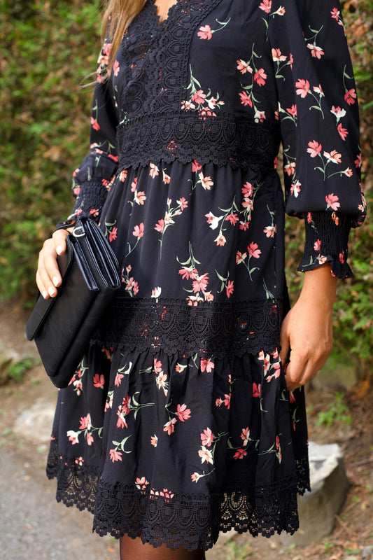 Agnes Tiered Black Mini Dress Pink Floral Print Lace Trim