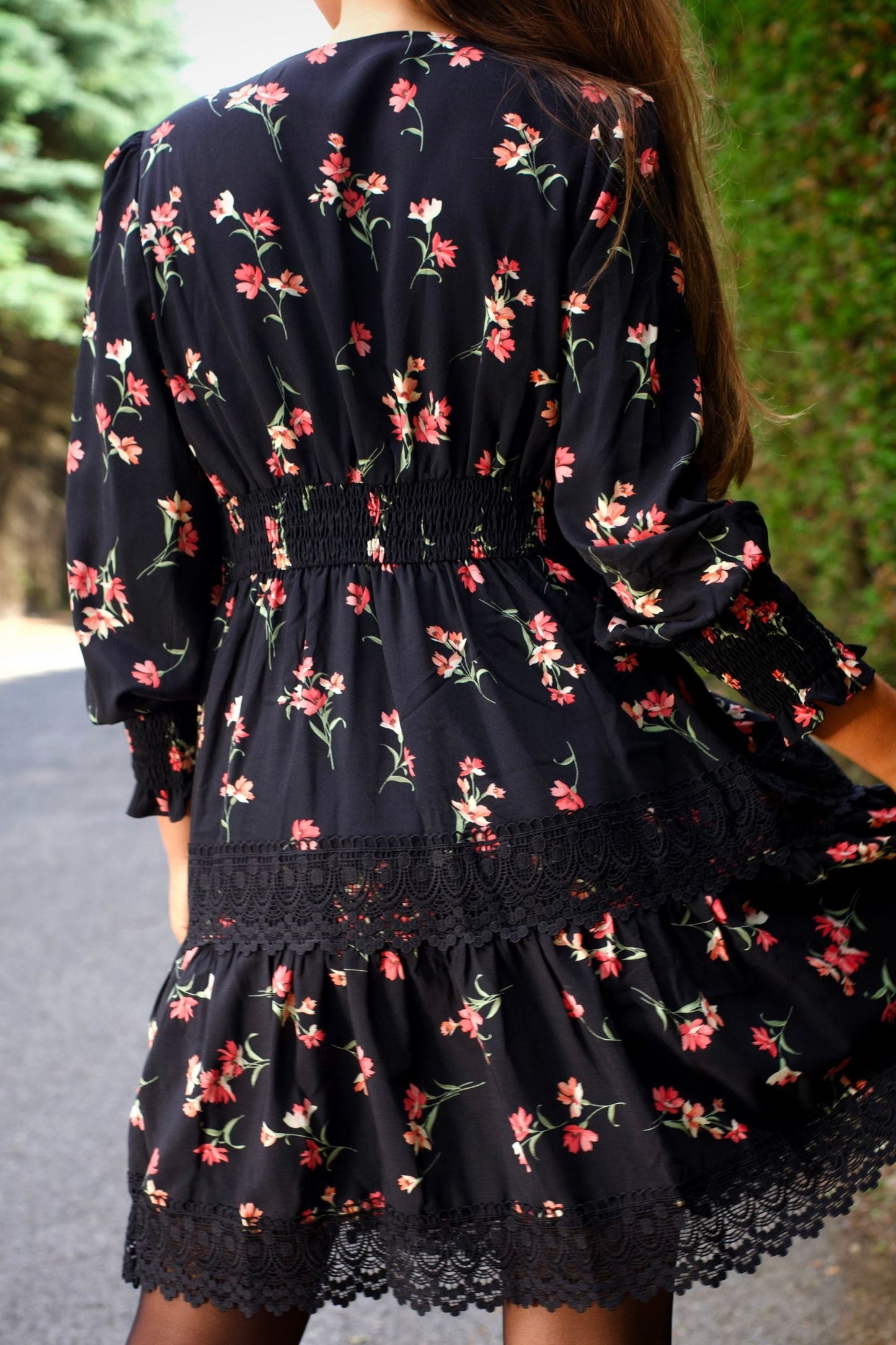 Agnes Women's Tiered Black Mini Dress Pink Floral Print Lace Trim