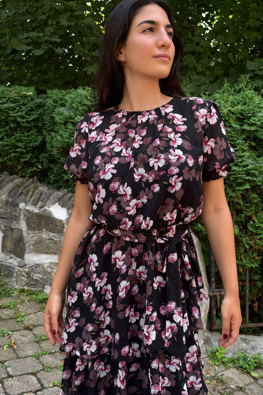 Catalina Women's Black Floral Print Asymmetrical Layered Hemline Detail