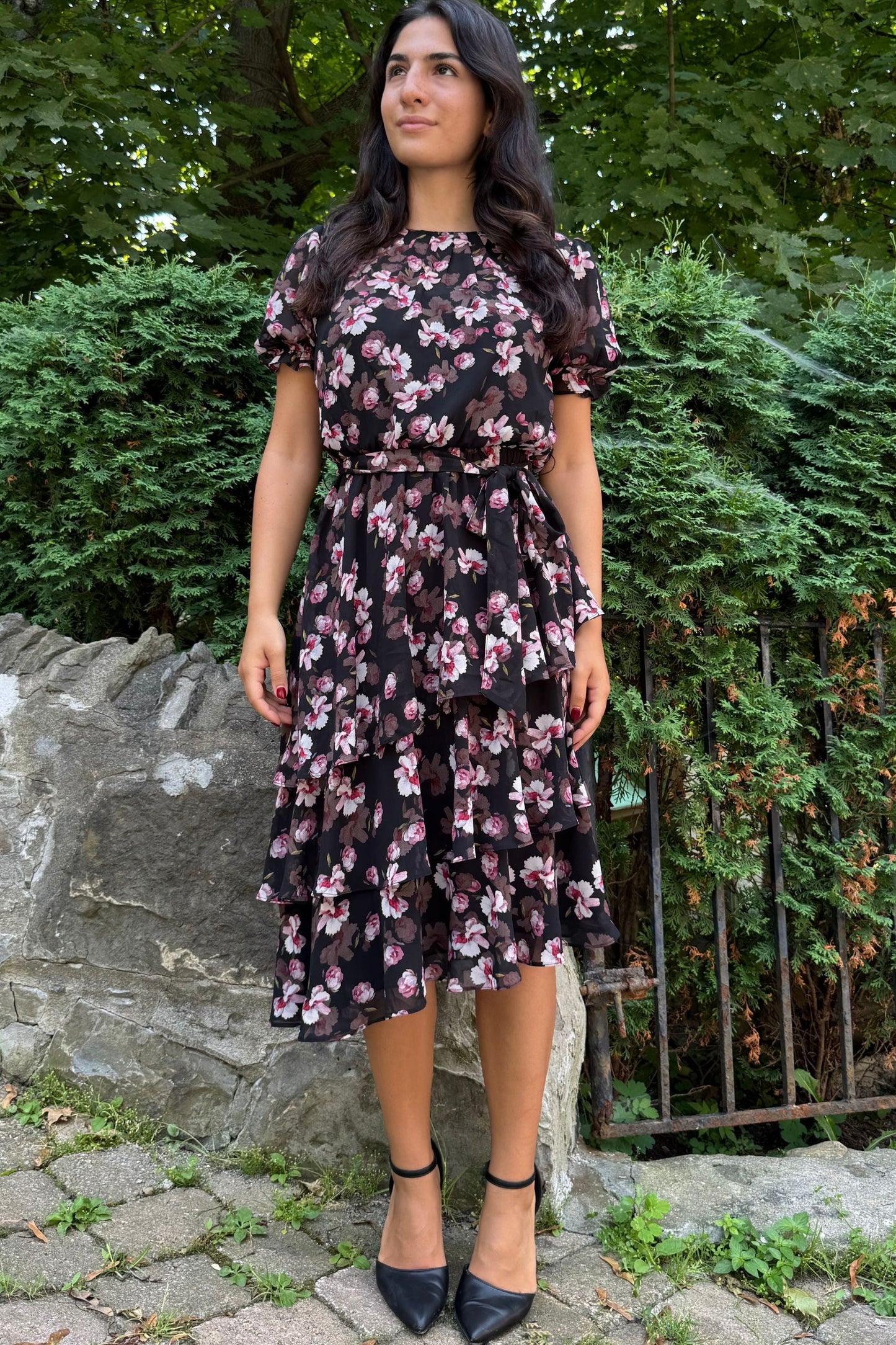 Catalina Black Floral Tiered Dress