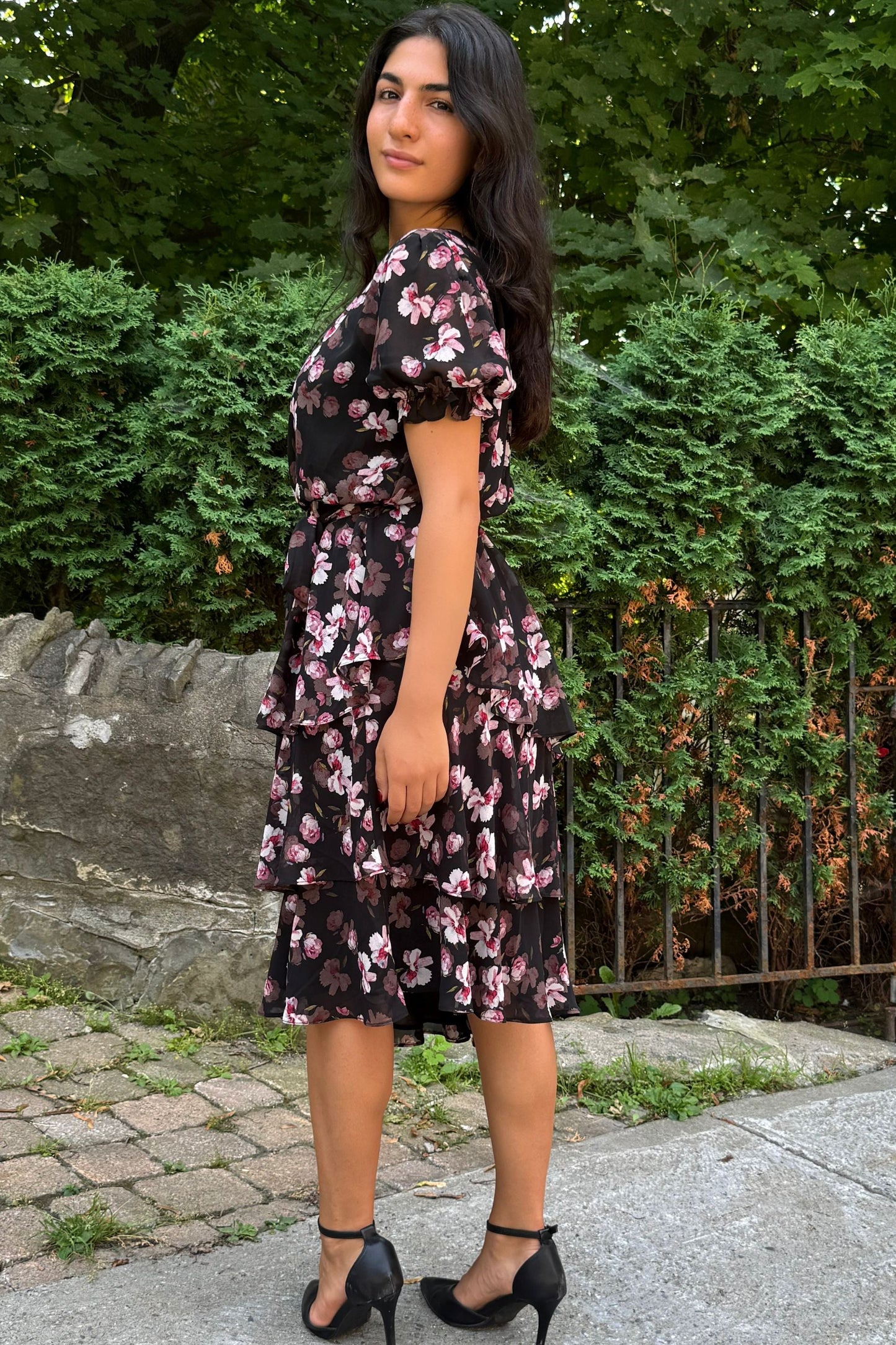 Catalina Black Floral Tiered Dress