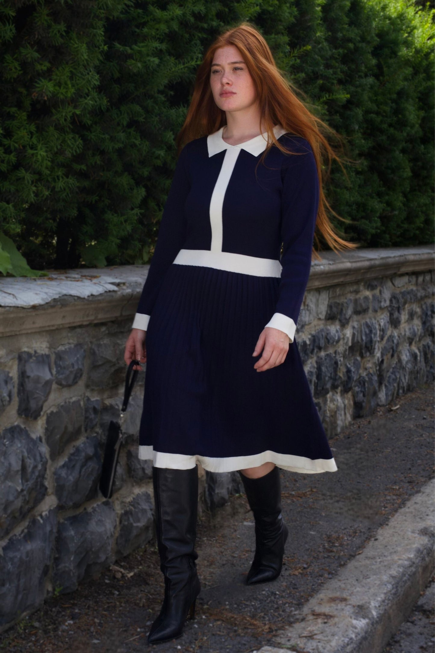 Clarissa Knit Women's Dress Contrast Trim Long Sleeves