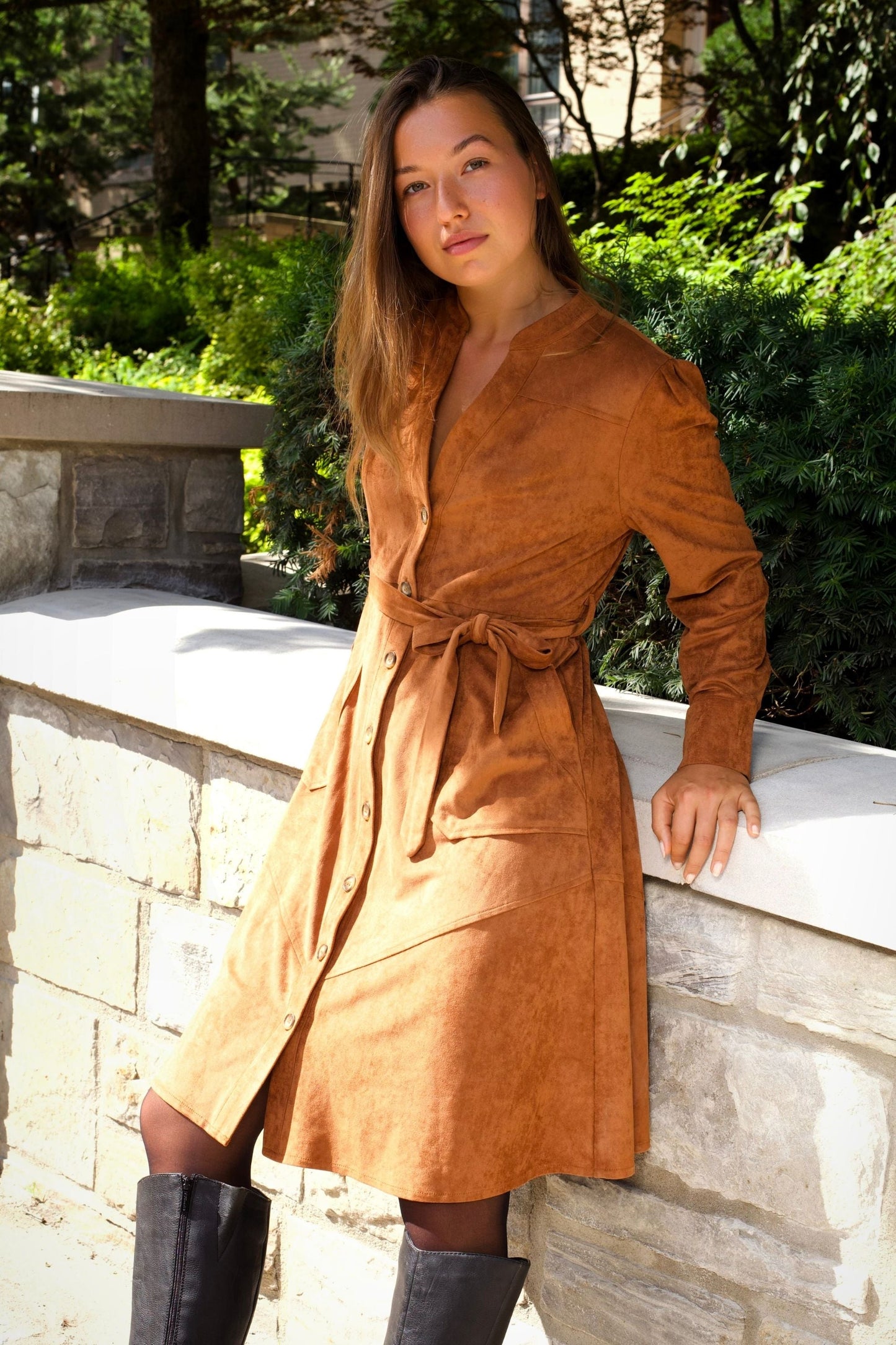 Anastasia Faux Suede Women's Dress Button-Up Front Belted Waist