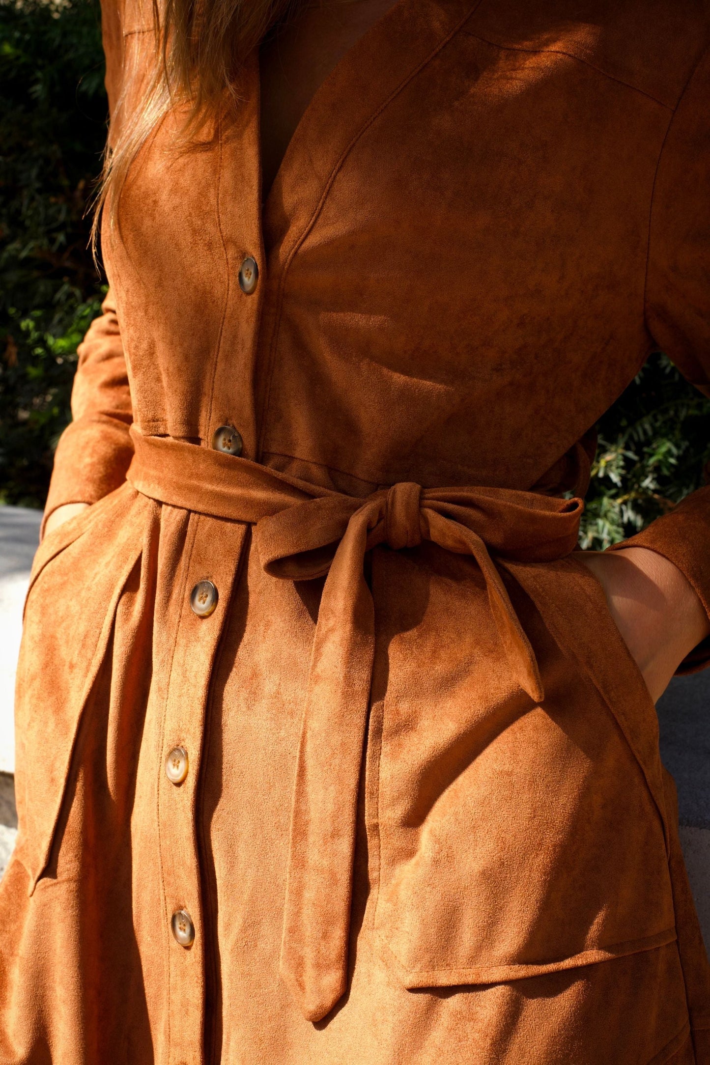 Anastasia Faux Suede Women's Dress Button-Up Front Belted Waist