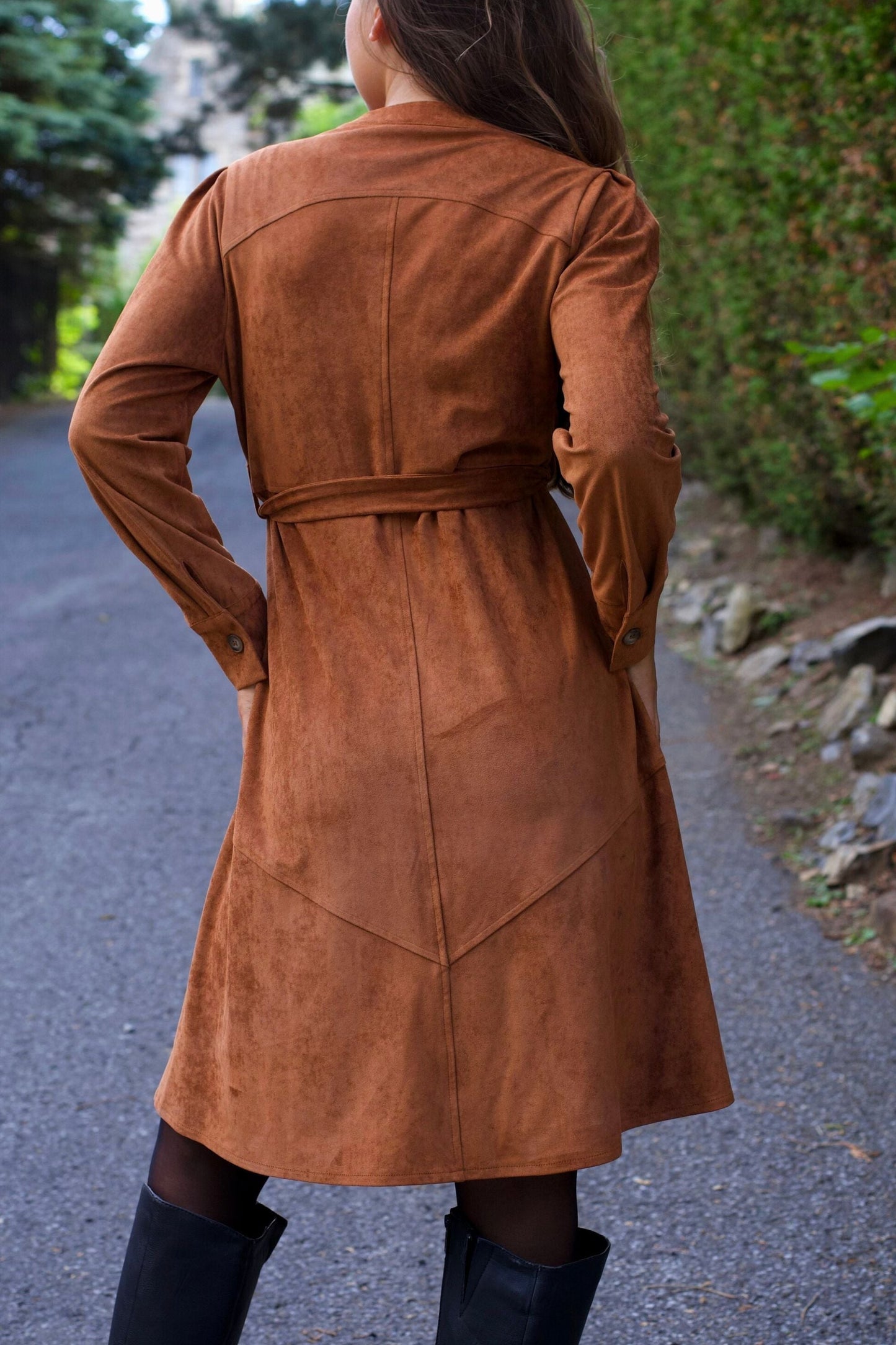 Anastasia Faux Suede Women's Dress Button-Up Front Belted Waist