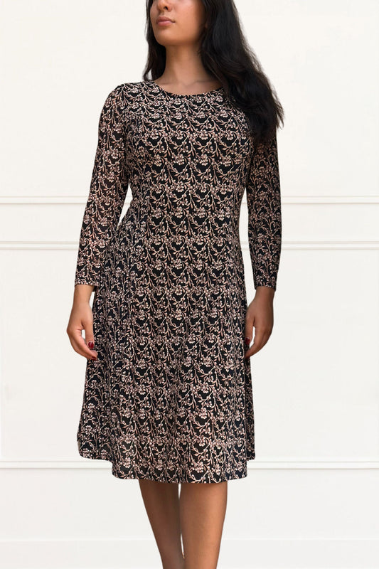 Audrey Black Fit & Flare Mesh Dress Beige Floral Print