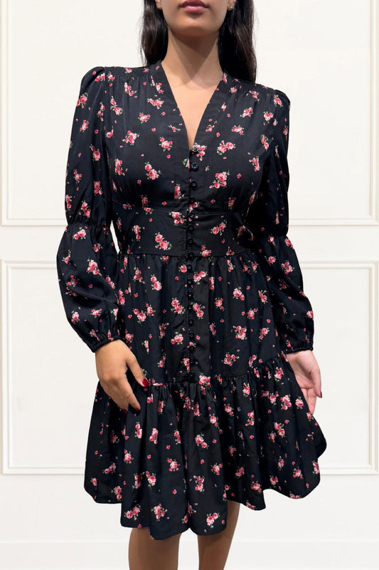 Mila Robe Noire Fleurs Roses Boutonnée Devant Manches Longues 