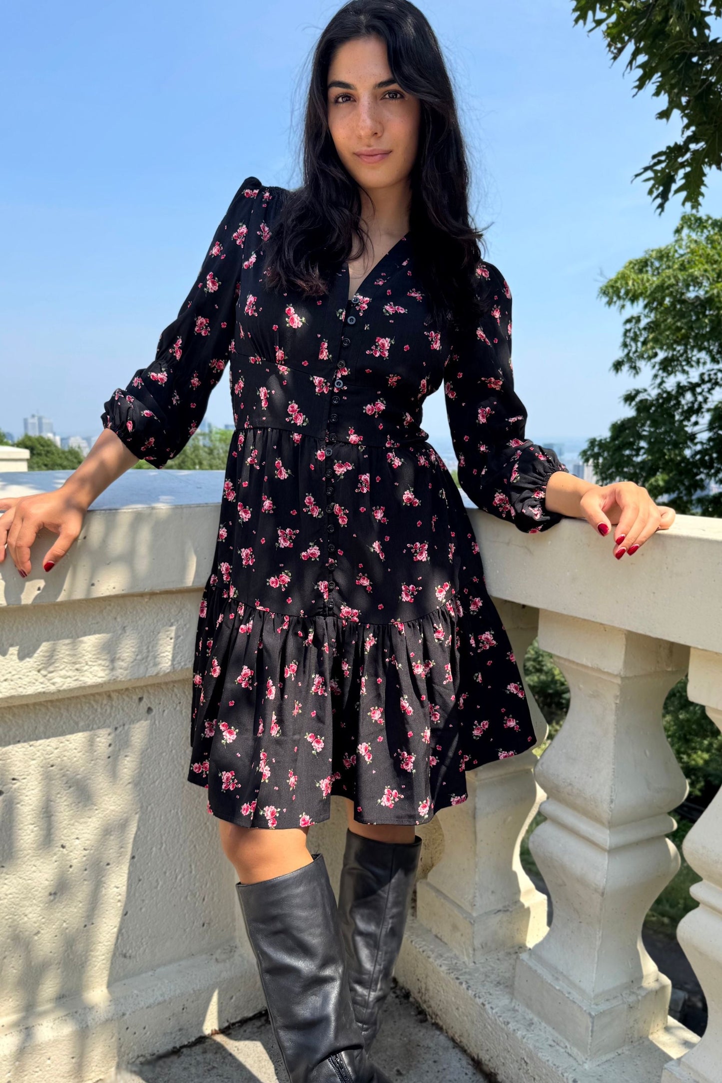 Mila Black Dress Pink Floral Print Button Front Long Sleeves