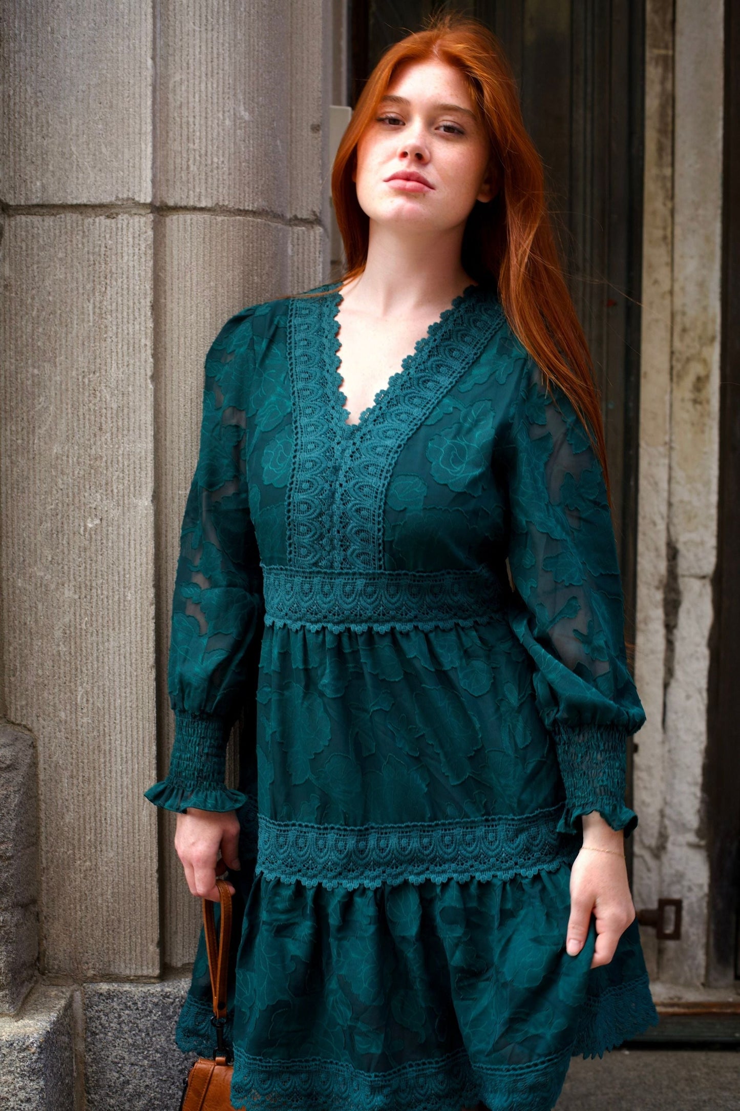 Edith Floral Lace Boho Mini Dress Long Sleeves V-Neck Detailing