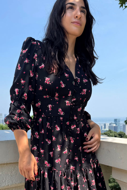 Mila Black Dress Pink Floral Print Button Front Long Sleeves