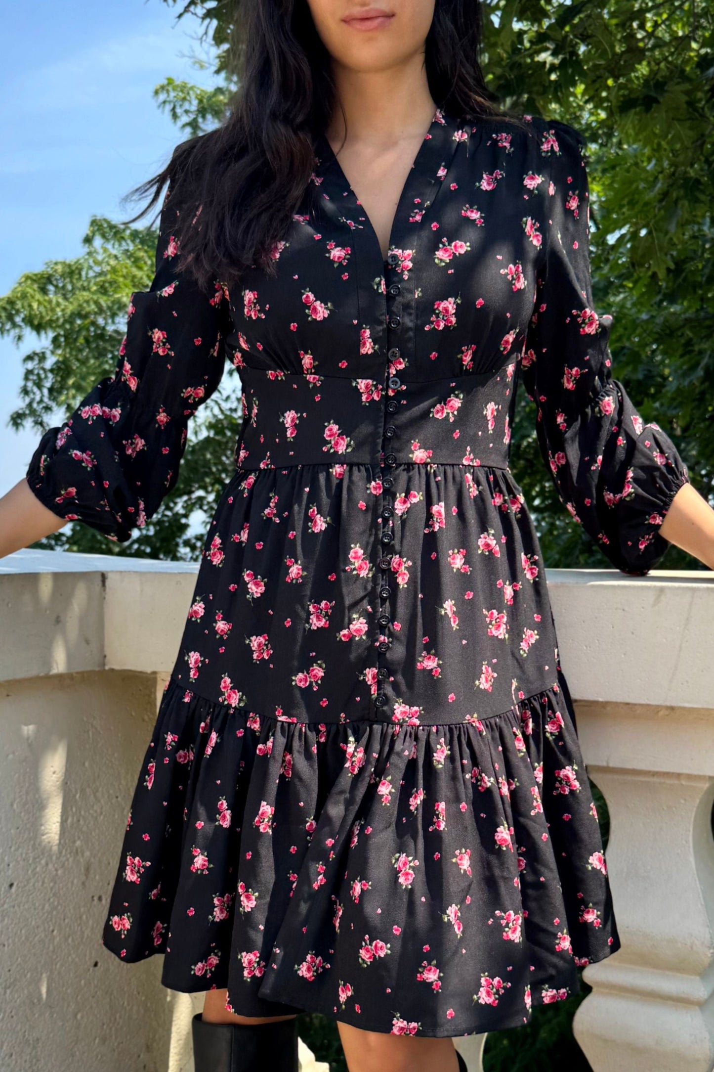 Mila Black Dress Pink Floral Print Button Front Long Sleeves