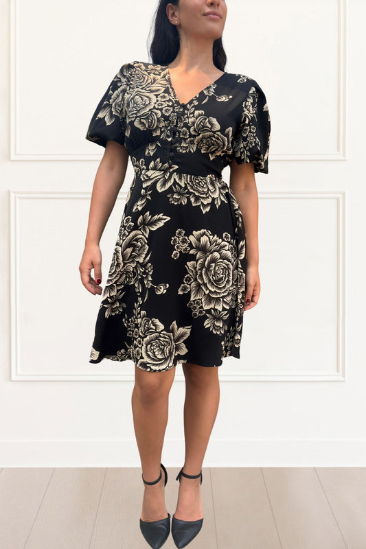 Lottie Black Floral Fit and Flare Dress Flowy Sleeves