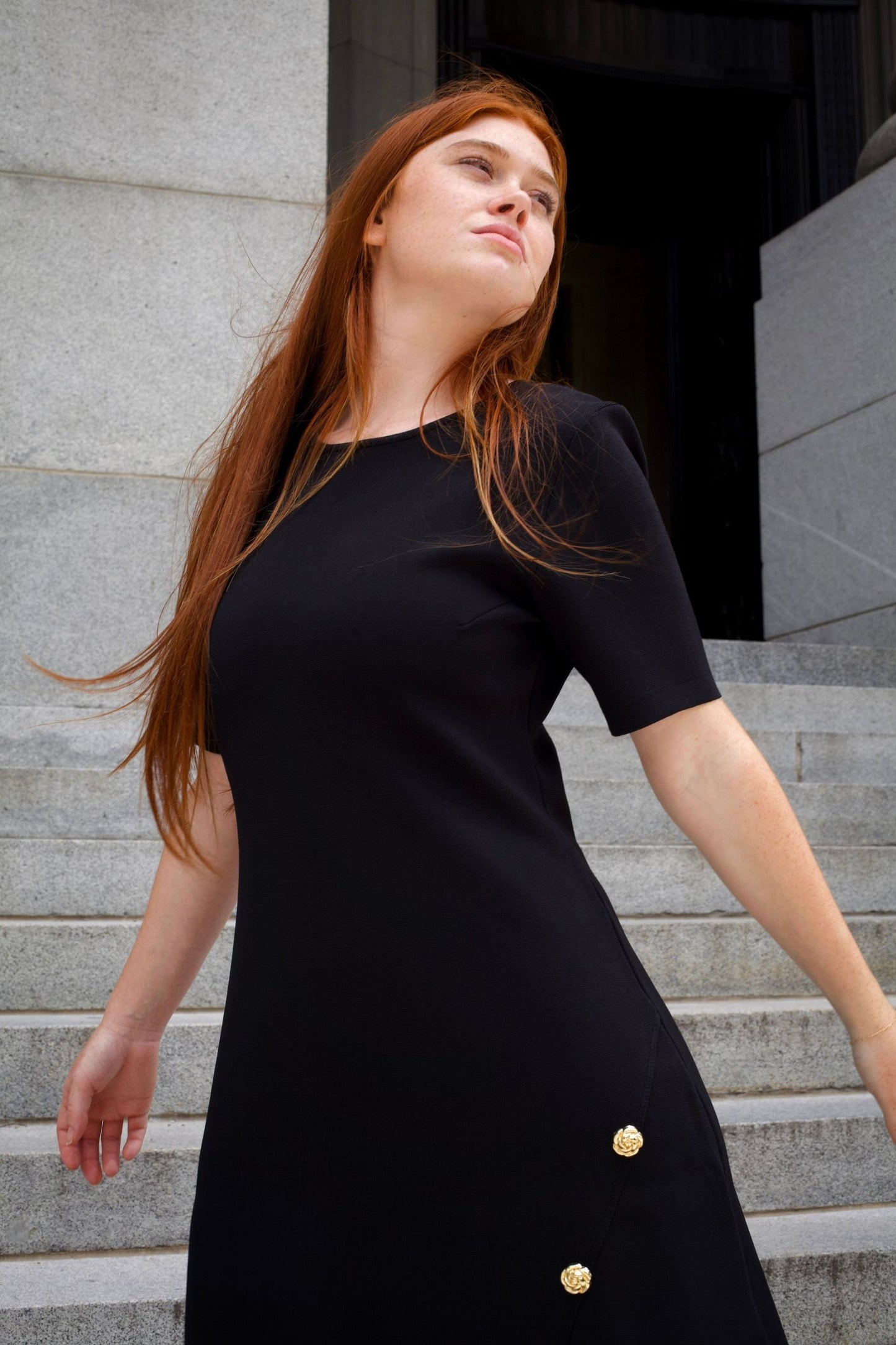 Cleo Black A-Line Dress Short Sleeves Gold Button Front Detail