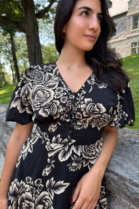 Lottie Black Floral Fit and Flare Dress Flowy Sleeves
