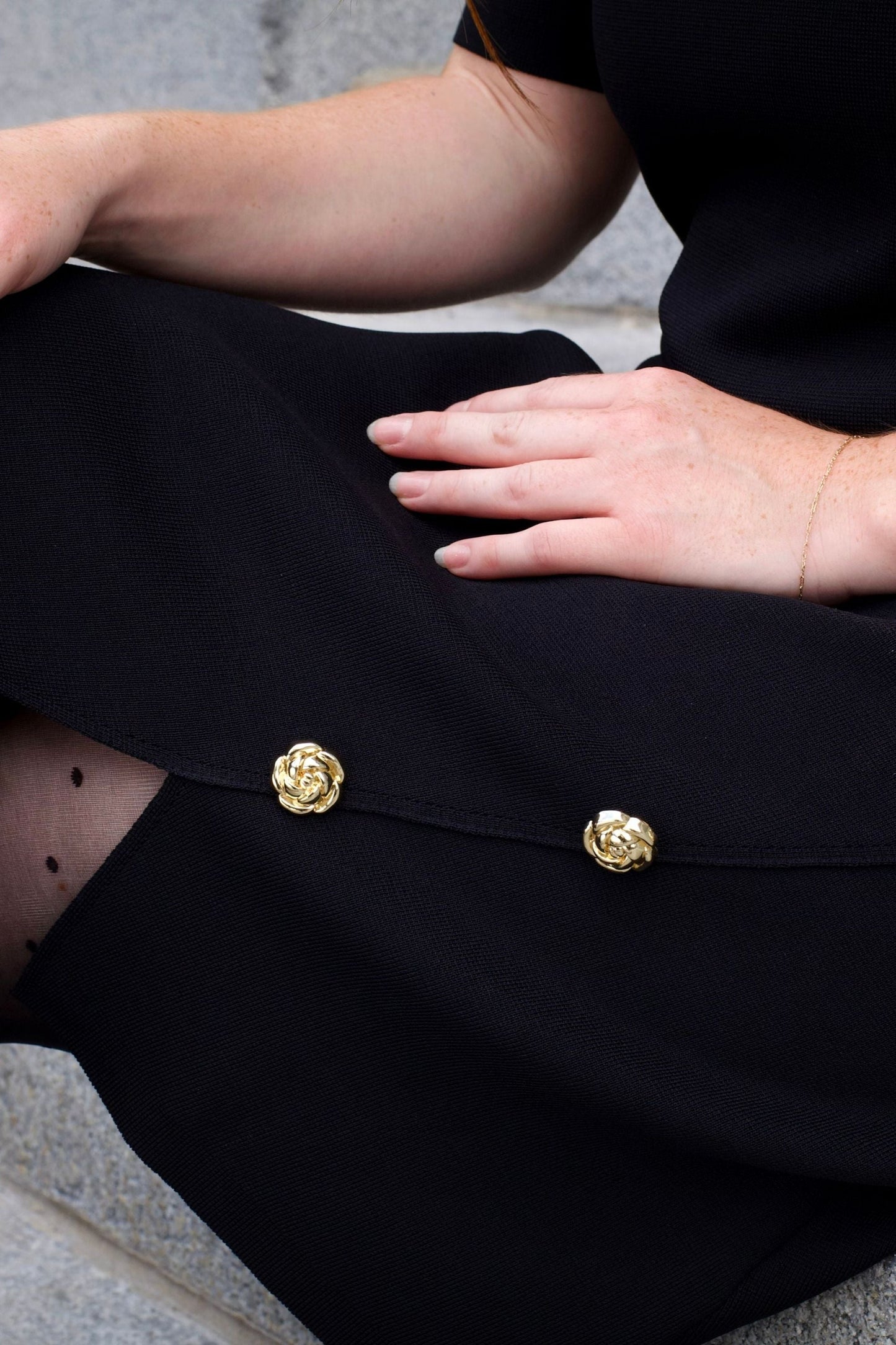 Cleo Black A-Line Dress Short Sleeves Gold Button Front Detail