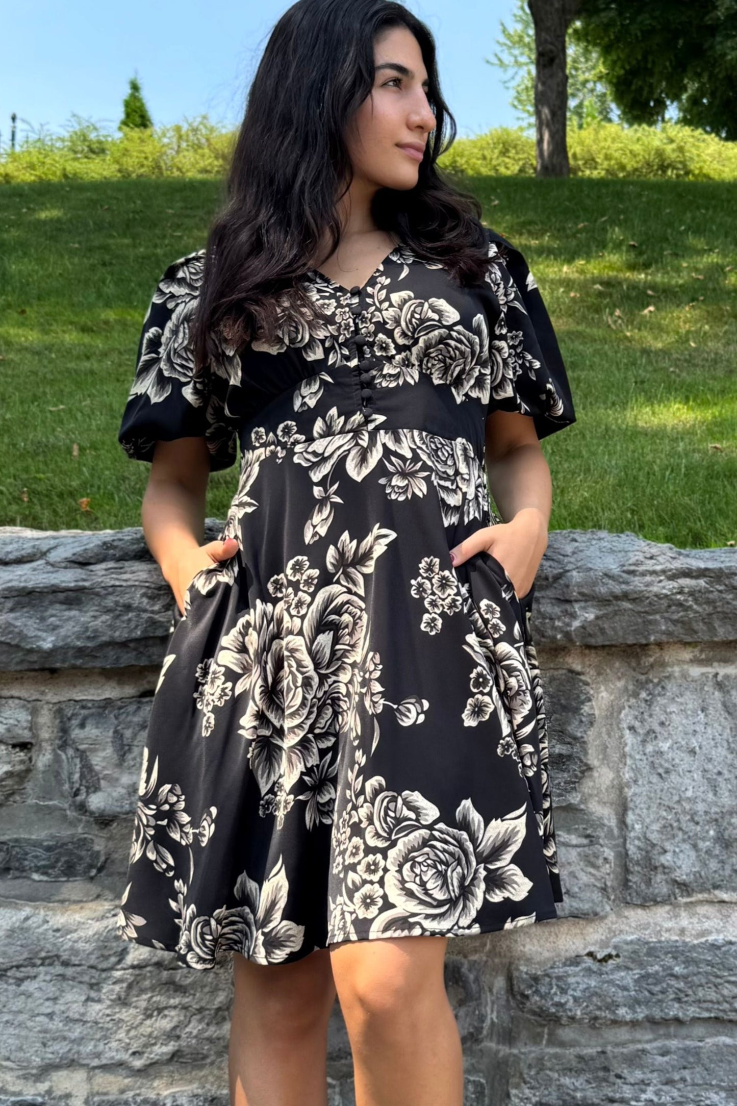 Lottie Black Floral Fit and Flare Dress Flowy Sleeves