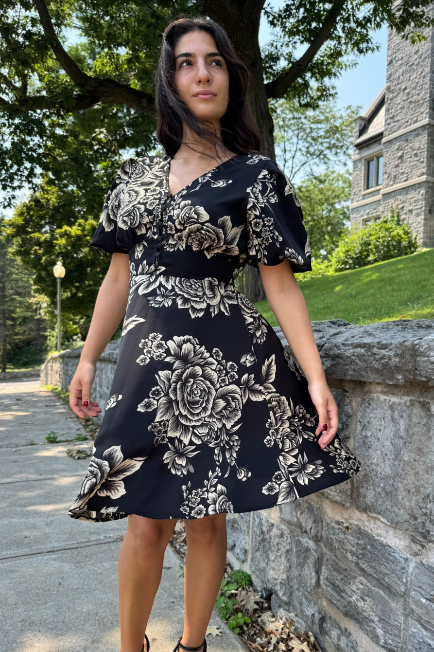 Lottie Black Floral Fit and Flare Dress Flowy Sleeves