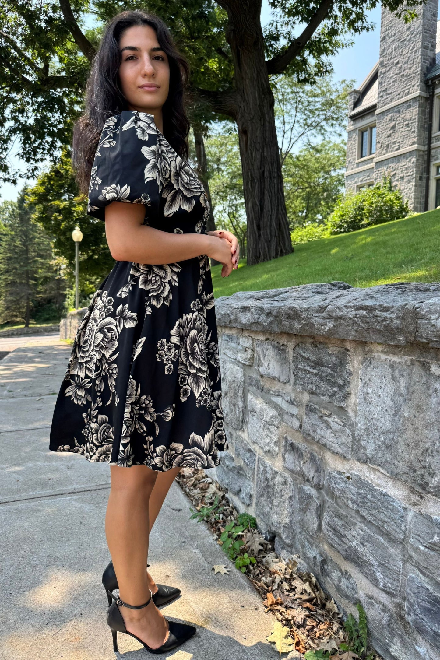 Lottie Black Floral Fit and Flare Dress Flowy Sleeves