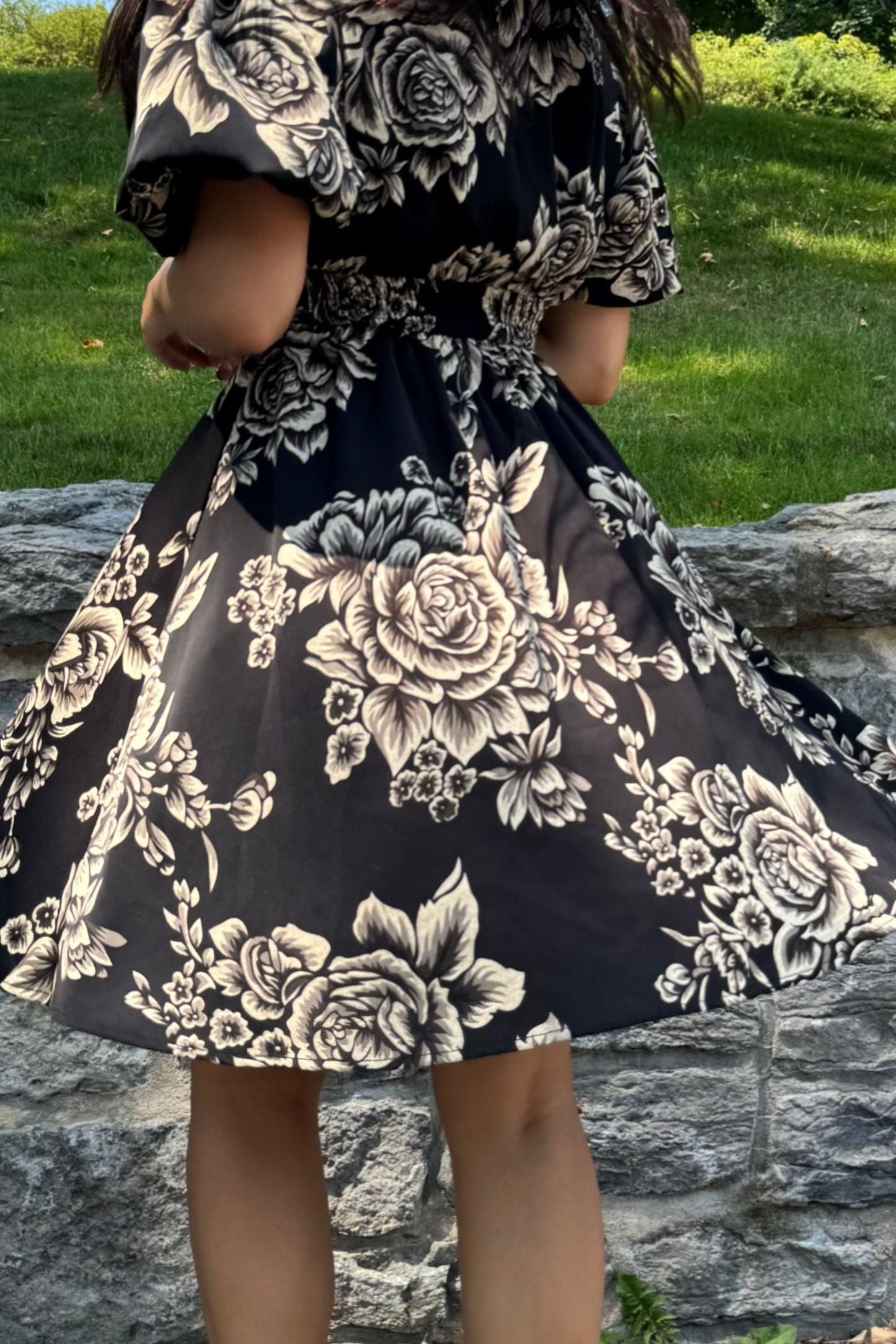 Lottie Black Floral Fit and Flare Dress Flowy Sleeves