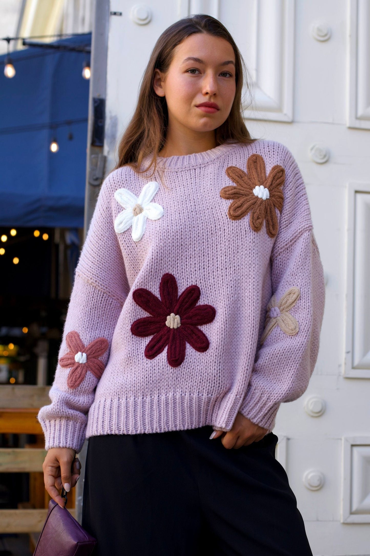 Tamara Women's Chunky Knit Sweater Embroidered Floral Appliqué