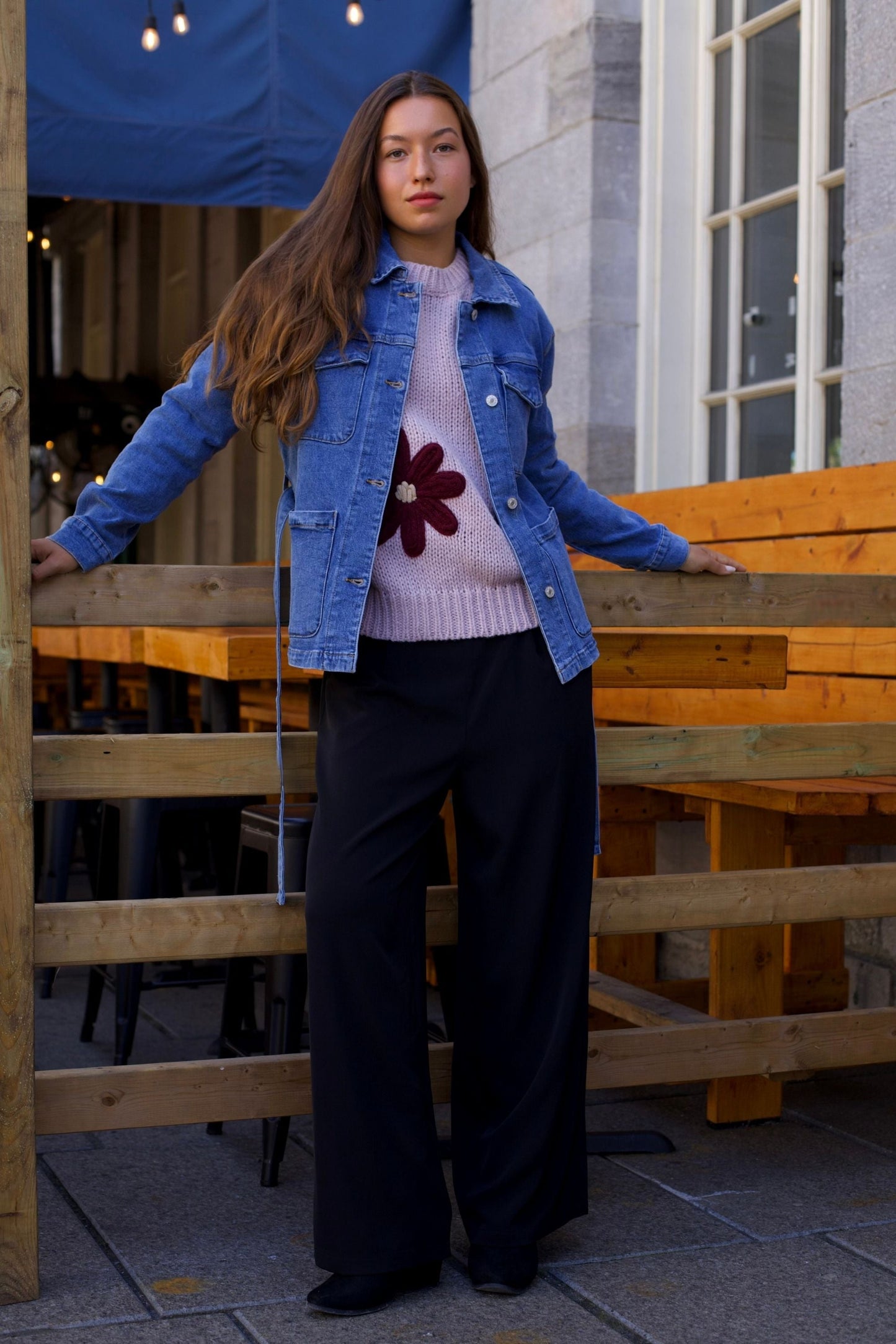 Sabrina Veste Jean Bleu Jacquard Ceinturée Pour Femme