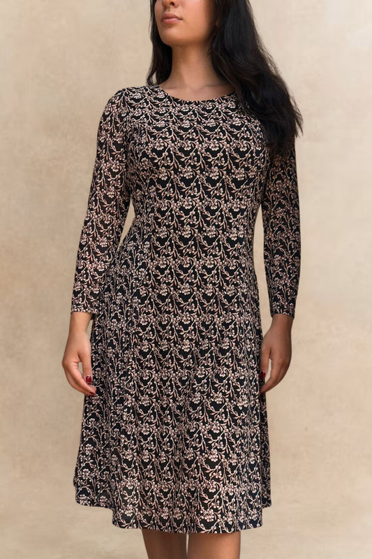Audrey Navy Fit & Flare Mesh Dress Beige Floral Print