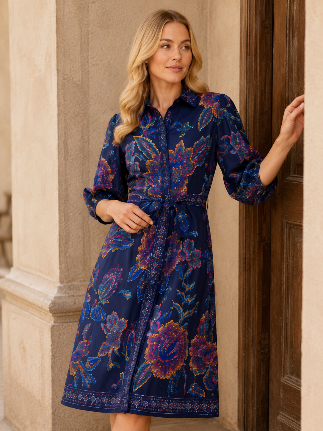 Adelina Navy Printed Floral Shirt Dress